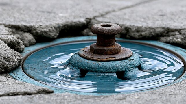 Water flows from a rusty drain cap, surrounded by cracked concrete pavement.