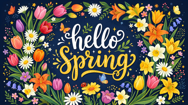 Hello spring greeting card banner with colorful flowers, tulips, daisies, and butterflies on dark background. Ideal for seasonal design and holiday promotions.