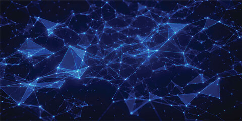Abstract Blue Polygon Mesh Network with Glowing Data Connections, Artificial Intelligence, Big Data, Digital Technology Background ©  TechFlow Studio
