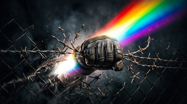 Fist breaking through barbed wire. Symbol of freedom and overcoming oppression with light.