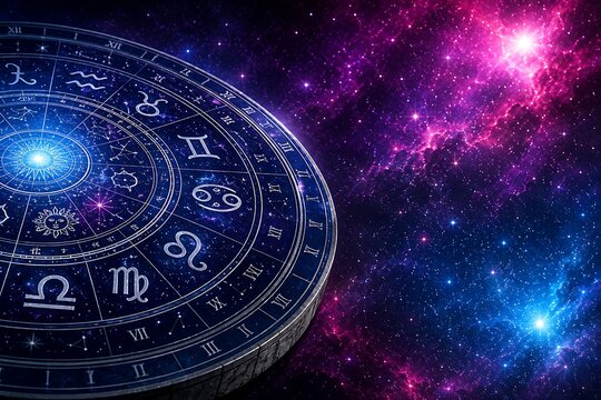 Astrology zodiac wheel chart superimposed over vibrant nebula and starry sky.