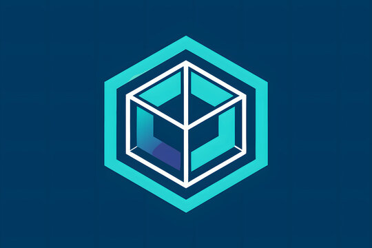 Three dimensional isometric cube icon with cyan and navy blue color scheme.