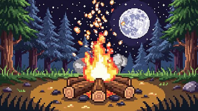 Pixel art campfire at night with full moon forest camping scene and glowing fire sparks under starry sky