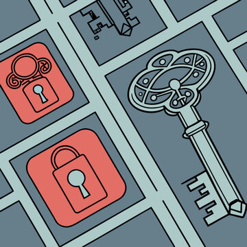 Illustration of a key and a lock on a gray background with digital security data protection access control risk management privacy policy terms of service data breach identity theft