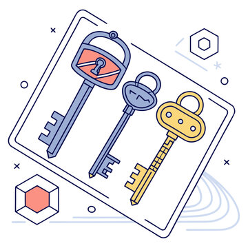 Illustration of three keys on a smartphone screen with digital security data protection access control risk management privacy policy terms of service data breach identity theft security