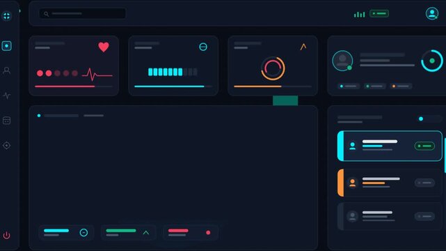 Futuristic medical dashboard with health monitoring data, digital healthcare UI with heart rate and vital signs, dark blue medical interface design
