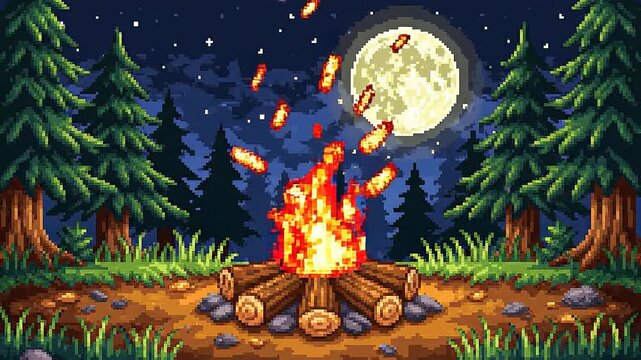 Pixel art campfire scene at night with full moon forest background retro gaming style