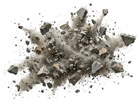 An explosive concrete debris cloud isolated on transparent background. Perfect for destruction and action effects.