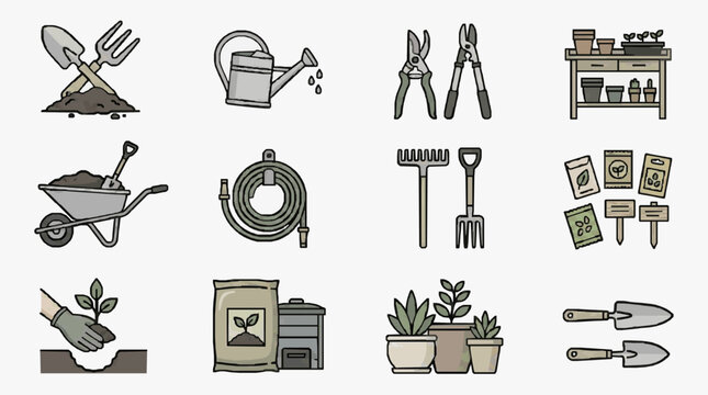 Elegant Monochromatic Line Drawing Set of Gardening Tools Plants and Supplies for Plant Care with high quality professional line art symbols for modern creative design and digital branding projects