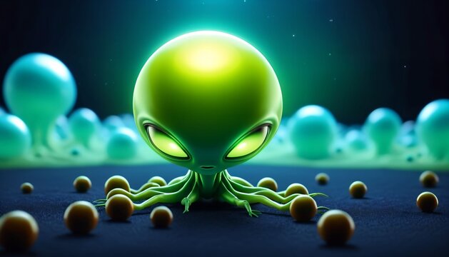 Cute green alien creature on abstract planet