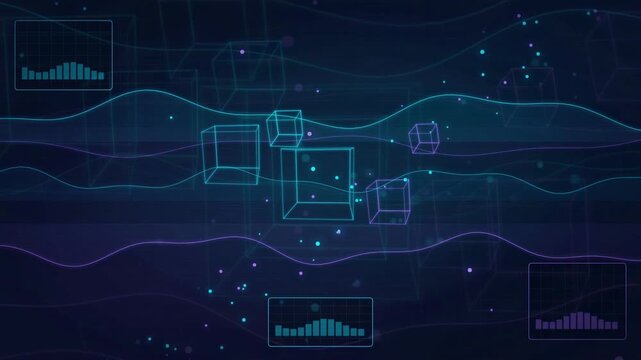 Abstract digital technology background with floating 3D geometric cubes and glowing data visualization waves
