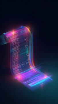 Digital payment receipt glowing with neon iridescence in a dark futuristic studio shot for fintech and e-commerce marketing