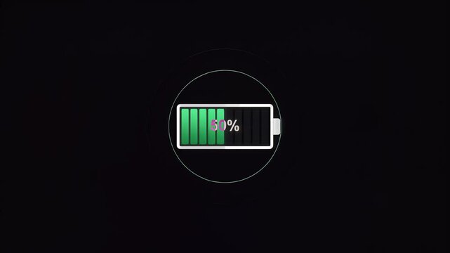 Charging battery icon displaying low power level on black background