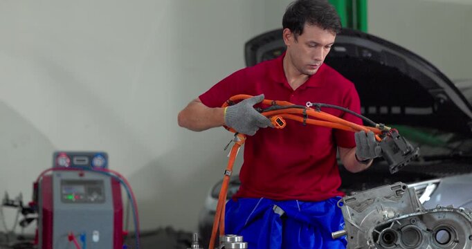 Technician inspecting electric vehicle drive motor unit with high voltage cables at EV garage