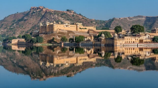 Majestic Amber Fort's Golden Hues Reflected in Tranquil Maota Lake Under Clear Blue Sky