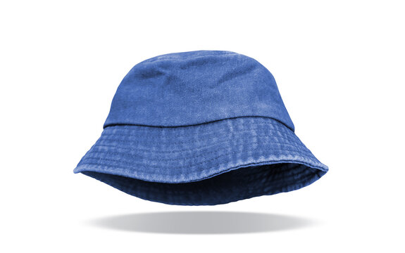 A blue denim hat is floating on a white background.