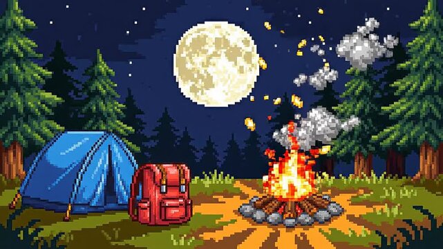 Pixel art camping scene with campfire full moon night forest tent and backpack outdoors adventure