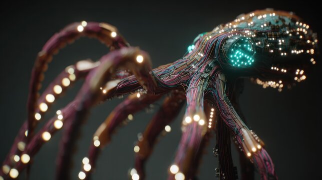 Cybernetic Cephalopod: An Intricate Robotic Octopus with Luminous Circuitry