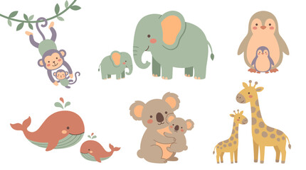 Obraz premium Cute vector illustration set of cartoon parent and baby animals with monkey, elephant, penguin, whale, koala and giraffe, symbolizing motherly care and nursery room decoration