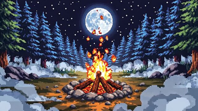 Pixel art campfire glowing under full moon in forest with starry night sky and pine trees