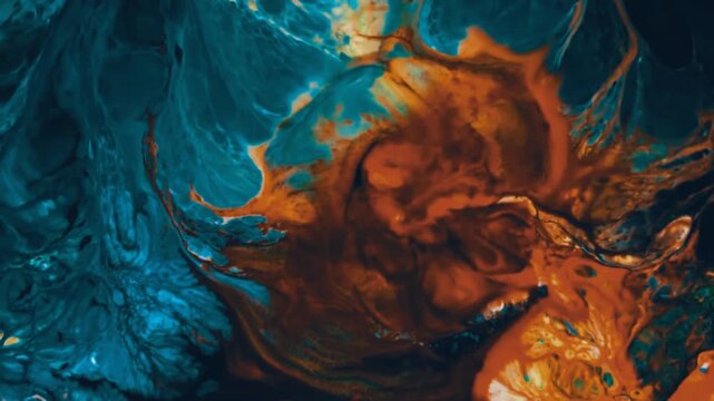 Abstract liquid paint mixture with vibrant blue and orange pigments