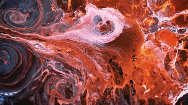 Vibrant red and orange pigments swirl into a complex liquid surface