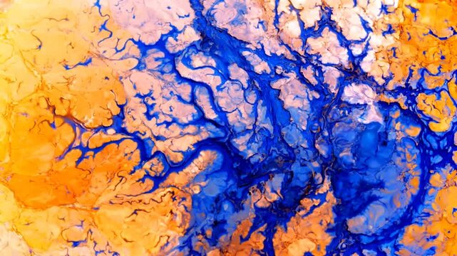 Abstract blue and orange acrylic pigment mixing creates fluid art