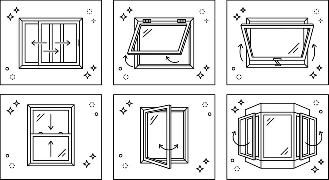Set of house window types and opening mechanisms line art vector icons featuring sliding casement awning double hung and bay windows