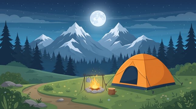 Experience the tranquility of nature under a starry sky with an orange tent glowing campfire surrounded by lush greenery towering mountains and serene night atmosphere