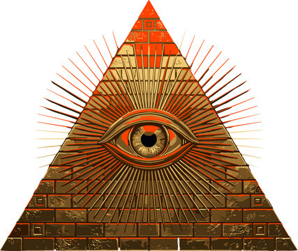 Mystical All Seeing Eye of Providence symbol inside an ancient brick pyramid with glowing radiant light rays isolated