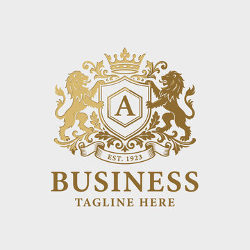 Luxurious heraldic crest logo with lions and crown.
