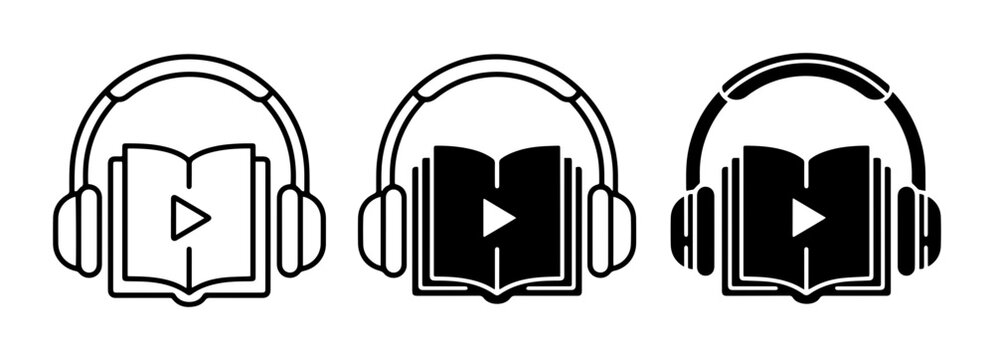 Audiobook Icons, Headphones and Play Button on Open Book, Digital Media Symbols, Black and White Vector Set