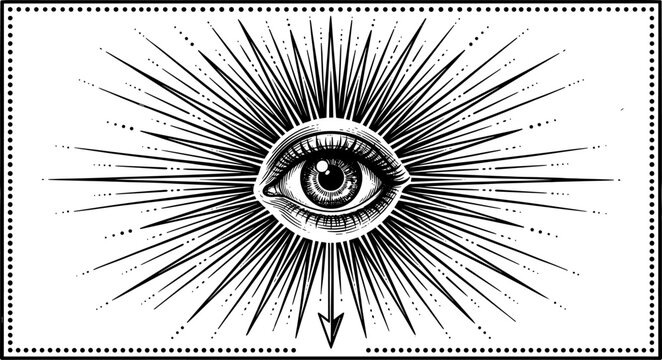 Vintage esoteric all seeing eye of providence with sunburst rays and downward arrow line art vector illustration