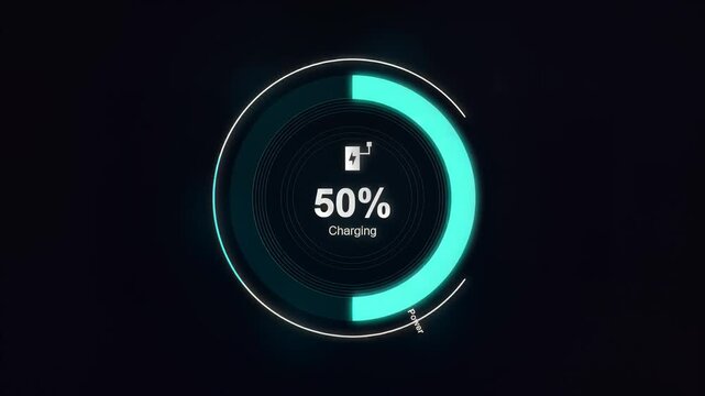 Futuristic digital battery charging interface with hud elements