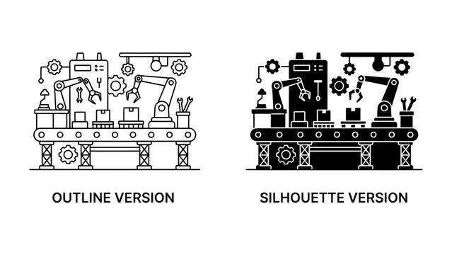 Automated Production Line: A side-by-side comparison showcases an industrial robotic arm assembly line in both an outline and silhouette version.