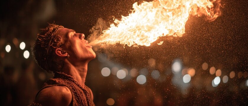 A Fire Breather's Intense Profile Illuminated by a Torrent of Flames and Sparks at Night.