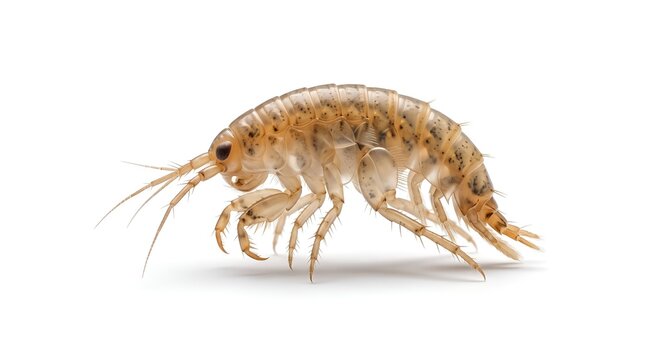Macro photograph of a small marine amphipod crustacean isolated on white background.