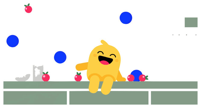 Joyful cartoon yellow character laughing amidst colorful bouncing balls on a simple platform, concept for children's entertainment, educational games, playful app design, and animated storytelling