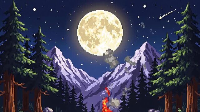 Pixel art forest camping scene with campfire under full moon and starry night in mountain landscape