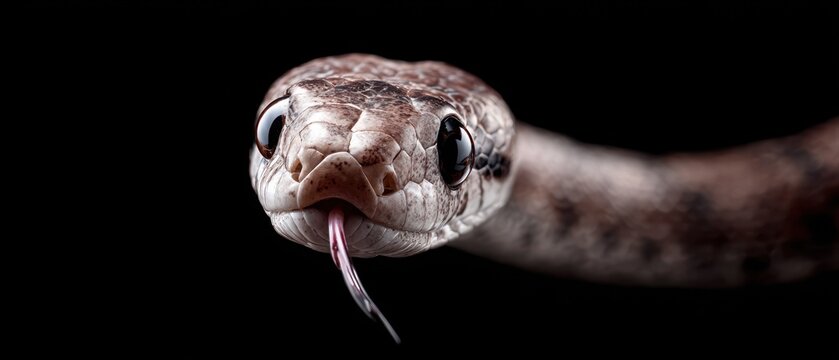 Striking Serpent Portrait: Detailed Snake Head with Piercing Eyes and Pink Forked Tongue Flicking on a Dramatic Black Background