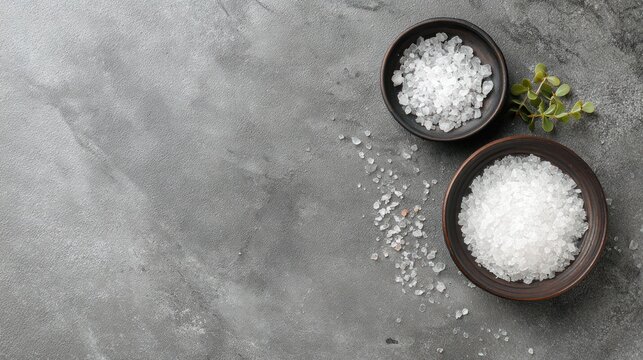 Artisanal Coarse Sea Salt in Dark Bowls with Green Garnish on Textured Grey Surface, Minimalist Flat Lay