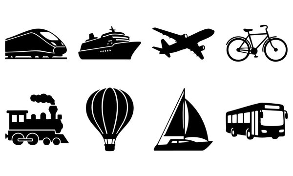 Transportation Vector Icon Set: Bullet Train, Cruise Ship, Airplane, Bicycle, Steam Engine Train, Hot Air Balloon, Sailboat, Bus