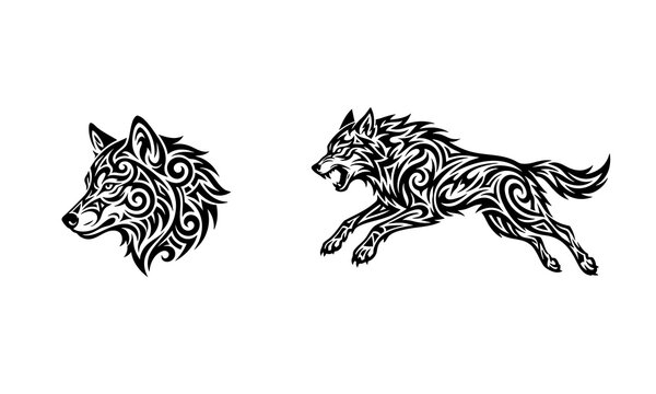 Tattoo Tribal Wolf Head Profile and Running Howling Wolf Body Vector Silhouette Set