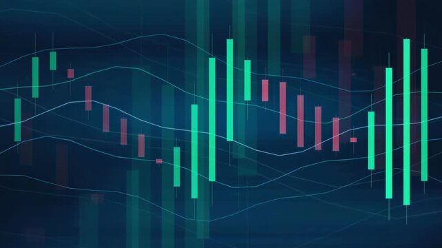 Abstract financial stock market candlestick chart with glowing blue lines and trading data animation