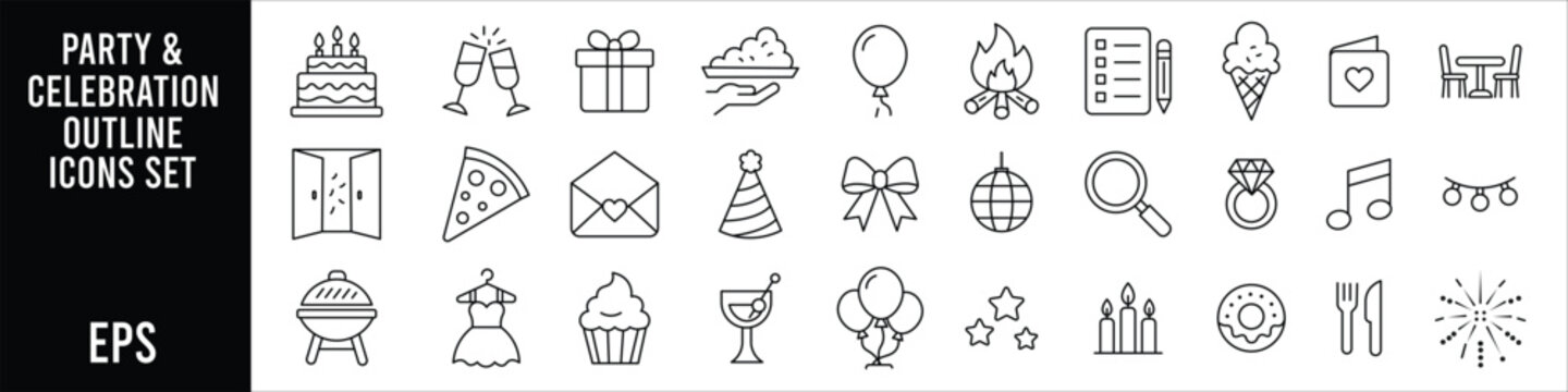 Minimal party and celebration outline icon set featuring birthday holiday event food decoration entertainment invitation and festive symbols for web and application design