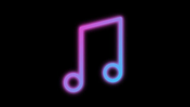 Vibrant Neon Music Note Icon Pulsating on Black Background.