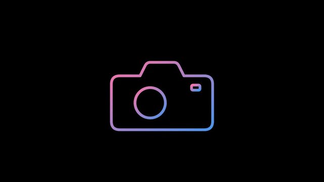 Neon Camera Icon Animation on Black Background.