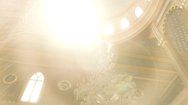 Sunbeams Illuminating a Grand Crystal Chandelier in an Ornate Historic Interior