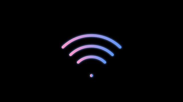 Neon WiFi Signal Animation on Black Background, Glowing Wireless Network Icon, Digital Connectivity Symbol.