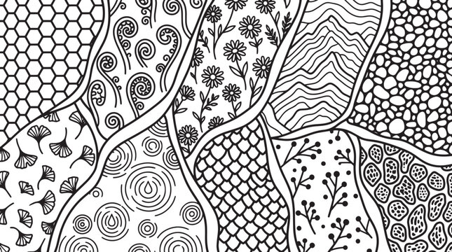 Intricate zentangle pattern with floral and geometric textures, black and white doodle art background, hand drawn botanical coloring page vector